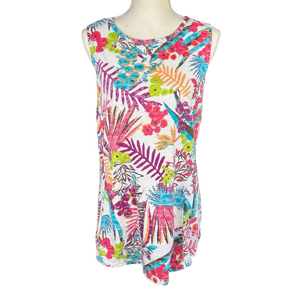Fresh Produce Tunic Women Sz Large White Multi Color Floral Tropical Coastal Top